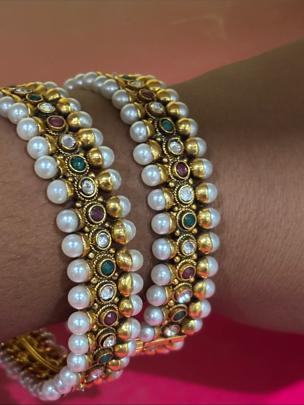 Traditional Gold-Tone Pearl Kundan Bangle Set with Green & Pink Accents